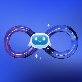 Smiling AI assistant icon within an infinity loop, representing continuous automation.